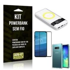 Imagem de Kit Powerbank Sem Fio 10.000mAh Galaxy S10e + Capa Anti Impacto + Película Vidro 3D - Armyshield