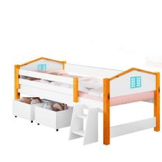 Imagem de Cama Infantil Com Baú Solteiro Casinha Branco Azul Elza Divaloto