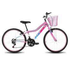 Imagem de Bicicleta Infantil Aro 24 Feminina KOG Quadro Alumínio 18V Com Cestinha para Meninas Branco Degrade Rosa