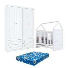 Imagem de Berço Montessoriano e Guarda Roupa Infantil Americano 4 Portas Branco com Colchão Ortobom - Henn