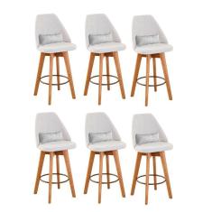 Imagem de Kit 06 Banquetas Alta Maya Giratória Com Encosto Linho Bege Claro e Almofada Suede Branco - Aurora Line