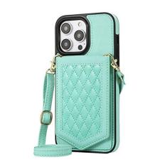 Imagem de Carteira de couro com espelho para cartões Solt Case para iPhone 14 Pro Max 13 Mini 12 11 SE 2022 XR XS 8 7 6 6S Plus Crossbody Lanyard Cover, verde, para iPhone 14Pro