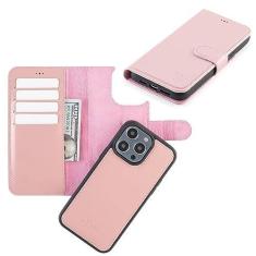 Imagem de Node Leather Capa de couro para iPhone 14 Pro Max com MagSafe, capa carteira de couro genuíno para iPhone 14 Promax com suporte para cartão, capa flip magnética destacável, bloqueio RFID, rosa