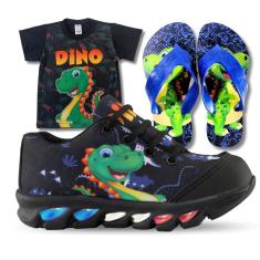 Imagem de tenis de led infantil masculino dinossauro com luzinha meninos mais chinelo e camisa-Masculino