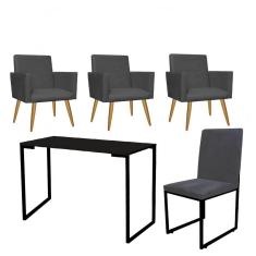Imagem de Kit Escritório Stan 3 Poltronas com Cadeira e Mesa Industrial Tampo Preto Suede Cinza - Ahz Móveis