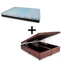 Imagem de Cama Box Baú King 193 - Tecido Sintético Marrom com Colchão Berlim Bello Box - D23 Azul 58x193x203cm