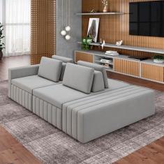 Imagem de Sofá Ilha com Encosto e Almofadas Móveis Olimpo 265cm Modulado Veludo Cinza G45 - Gran Belo