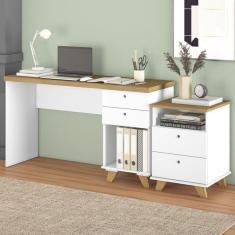 Imagem de Conjunto Home Office Retrô 2 Peças Escrivaninha Sky com Gaveteiro 2 Gavetas Day Artany Olmo/Branco