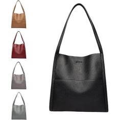 Imagem de Bolsa de ombro de couro genuíno de cor sólida simples e moderna bolsa tote feminina grande capacidade multifuncional bolsa crossbody/922 (Size : Black)