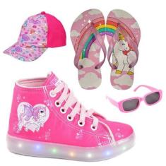 Imagem de Tênis Botinha Infantil Feminino De Led Unicórnio Cano Alto +Óculos+Bon