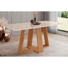 Imagem de Mesa p/ Cozinha Lins SC95 c/ Tampo Madeirado c/ Vidro Curvo 180x90cm Nature/Off White - Henn
