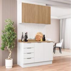 Imagem de Cozinha Modulada 2 Peças com Tampo 1 Aéreo 3 Portas e 1 Balcão Pia Ipanema Cabecasa Madeiramadeira Branco/Amadeirado