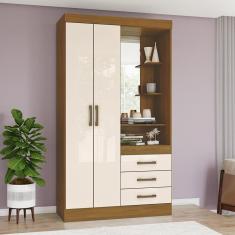 Imagem de Guarda Roupa Solteiro com Espelho 2 Portas 3 Gavetas Savanna Espresso Móveis Off White/Marrom