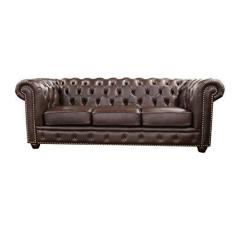 Imagem de Sofá Chesterfield de Couro 3 Lugares - Preto Iguana