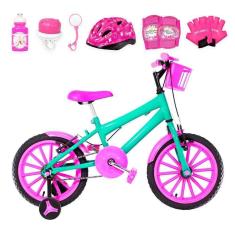 Imagem de Bicicleta Infantil Feminina Aro 16 Nylon + Kit Proteção Verde Água E Pink