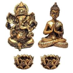 Imagem de Kit Mini Estátua Ganesha + Buda Hindu + 2 Castiçais