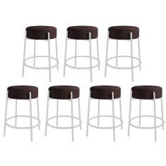 Imagem de Kit 07 Banquetas Alta Sintra 65cm Redonda Ferro Branco Corino Marrom - Ahazzo Móveis