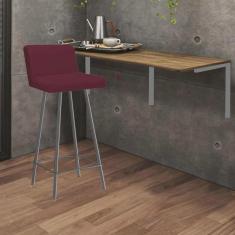 Imagem de Kit Mesa Suspensa de Parede Fixa mdf Freijó + 1 Banqueta Lexi Ferro Prata Suede Bordô - Ahazzo Móveis