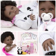 Imagem de Boneca Reborn Realista Negra Linda Enxoval Panda Itens Luxo - Cegonha 