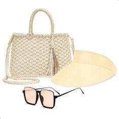 Imagem de Kit Bolsa De Palha Feminina + Viseira Praia Moda Verão+ Óculos De Sol Proteção UV (Areia)