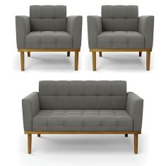 Imagem de Namoradeira Com 2 Poltronas Base De Madeira Castanho Elisa Suede D03 - D\`rossi Cor Grafite