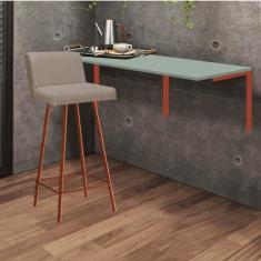 Imagem de Kit Mesa Suspensa de Parede Fixa MDF Verde Oliva + 1 Banqueta Lexi Ferro Bronze Suede Bege - Ahazzo Móveis