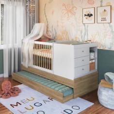 Imagem de Berço Cama Multifuncional com Auxiliar 2 Colchões Aveiro Oak/branco