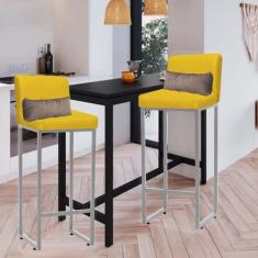 Imagem de Kit 02 Banqueta Alta com Encosto Lucca Industrial Cozinha Balcão Ferro Cinza Sintético Amarelo e Almofada Bege - Ahazzo Móveis