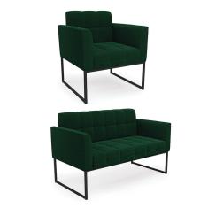 Imagem de Sofá Namoradeira e Poltrona Industrial Preto Elisa Bouclê Verde D03 - D`Rossi