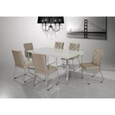 Imagem de Conjunto Mesa Inovare Cromada 1,60x0,90 MDF com Vidro Off White / 6 Cadeiras Dallas New Bege -Aço Nobre