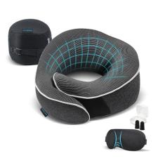 Imagem de Proglobe Almofada de viagem 100% pura espuma viscoelástica para pescoço, travesseiros para dormir, itens essenciais de viagem de carro e avião, kit de viagem com máscaras de contorno 3D, tampões de
