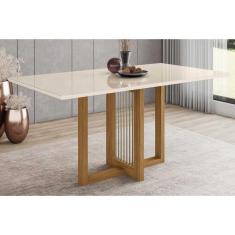 Imagem de Mesa para Cozinha Natalí SC70 + Tampo Madeirado Vidro Reto 160x90cm Nature/Off White - Henn