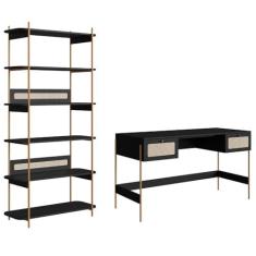 Imagem de Mesa Escrivaninha e Estante Pé Metal Arlo A10 Nero/Dourado - Mpozenato