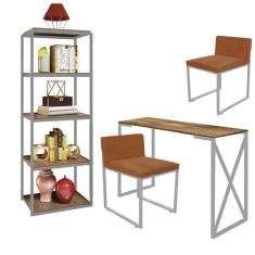 Imagem de Kit Escritório Bex 2 Cadeiras Suede Terracota com 1 Mesa e 1 Livreiro Ferro Cinza MDF Freijó - Ahazzo Móveis