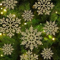 Imagem de 36 peças de enfeites de flocos de neve dourados de Natal com glitter de plástico para decorações de árvore de Natal de inverno, tamanho variável de flocos de neve artesanais
