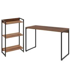 Imagem de Kit Escritório Estante 3 Prateleiras Com Mesa 120Cm Nogal