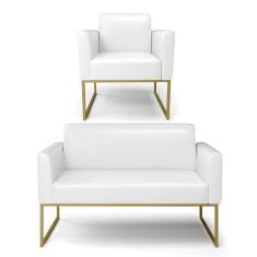Imagem de Sofá Namoradeira Com Poltrona Base Industrial Dourado Marisa Corano Branco D03 - D'rossi