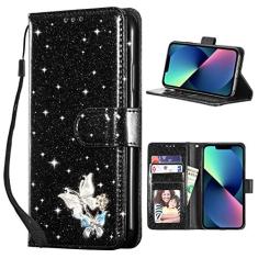 Imagem de UEEBAI Capa carteira para iPhone 15, capa de telefone de couro PU com glitter, compartimentos para cartões, capa com fecho magnético, capa flip brilhante à prova de choque, alça de mão, capa flip -