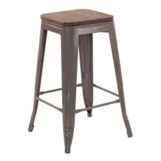 Imagem de Banqueta Iron Tolix Com Assento De Madeira Rústica Escura - 66 Cm - Lo
