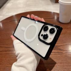 Imagem de Capa transparente luxuosa de carga sem fio para iPhone 14 13 12 11 Pro Max Plus Capa magnética quadrada transparente, preta, para iPhone 11Pro Max