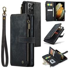 Imagem de UEEBAI Capa carteira para Samsung Galaxy S21 Ultra 5G, capa de telefone premium feita à mão de couro PU com compartimentos para cartões, fecho magnético, bolso com zíper, suporte, capa flip com alça