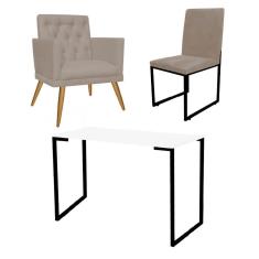 Imagem de Kit Escritório Stan Poltrona Maria com Cadeira e Mesa Industrial Branco Preto Tecido Sintético Bege - Ahz Móveis