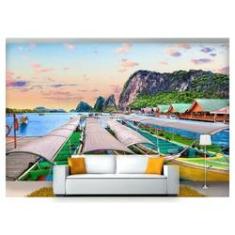 Imagem de Papel De Parede Praia Mar Céu Sol Barcos 3D Npr232