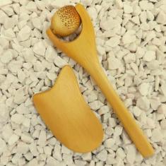 Imagem de Kit Massagem Facial com Rolo Massageador Roller e Gua Sha de Bambu - L