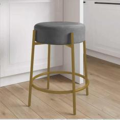 Imagem de Banqueta Alta Sintra 65cm Redonda Ferro Dourado Suede Cinza - Ahazzo Móveis