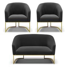 Imagem de Namoradeira E 2 Poltronas Base Industrial Dourado Stella Suede Preto D03 - D'rossi