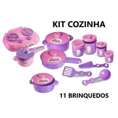 Imagem de Kit Cozinha Infantil com 11 Brinquedos Fogão, Potes de Mantimentos  Arroz, Feijão, Açucar ,Café e 2 Panelinhas com tampa