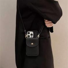 Imagem de Carteira de couro crossbody cordão telefone para iphone 15 14 plus 13 12 11 pro max silicone com capa de suporte de cartão, preto, para iphone 12 pro