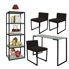 Imagem de Kit Escritório Ravi 3 Cadeiras Suede Marrom com 1 Mesa e 1 Livreiro Ferro Preto MDF Verde Oliva - Ahazzo Móveis