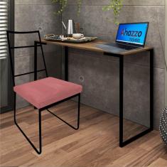 Imagem de Kit Escritório Stark Cadeira e Mesa Industrial Ferro Preto Tampo MDF Rústico Suede Rose Gold - Ahz Móveis